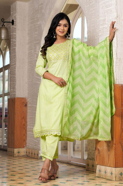 PoshArt Green Lurex Kurti Pant With Duptta Set