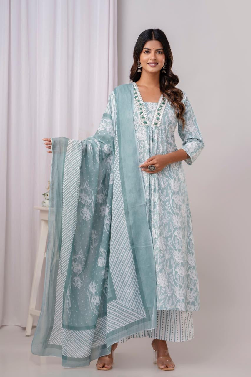 PoshArt Green Floral A-Line Kurta Set With Dupatta