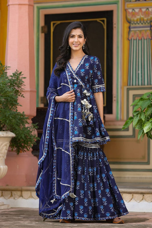 PoshArt's Indigo Blue Printed Sharara Set With Dupatta