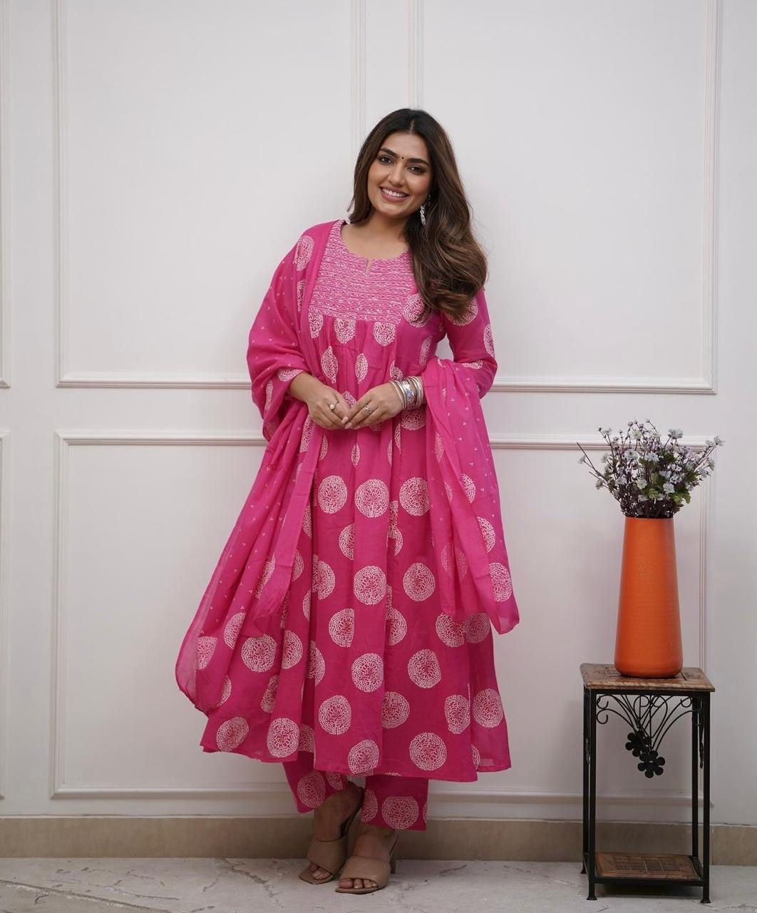 PoshArt Pink Bandhej A-Line Kurta Set With Dupatta