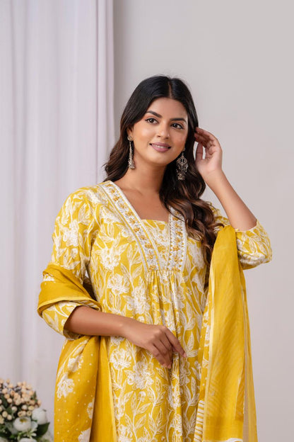 PoshArt Yellow Floral A-Line Kurta Set With Dupatta