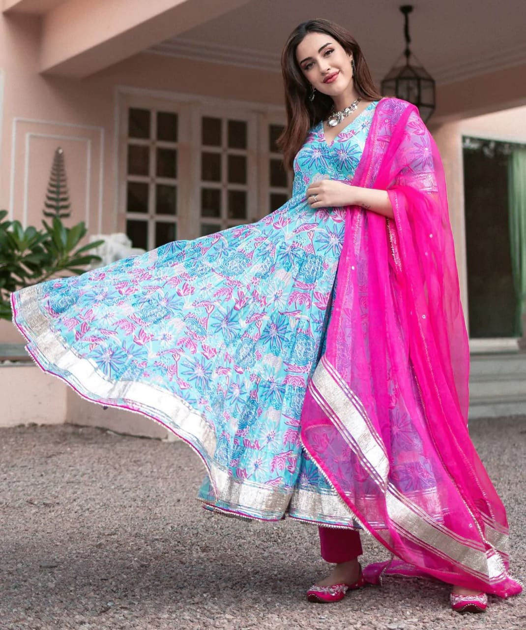 PoshArt Floral Printed Anarkali Slit Kurti With Pant And Dupatta