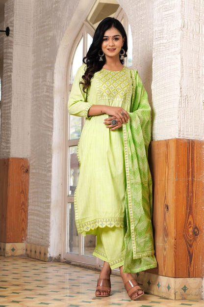 PoshArt Green Lurex Kurti Pant With Duptta Set