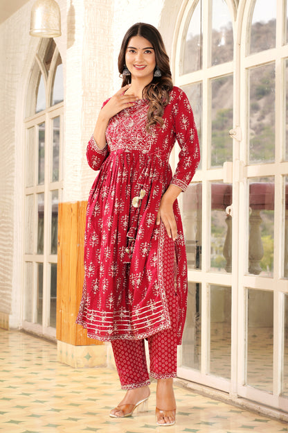 PoshArt Wine Color Naira Cut Kurta Pant with Dupatta