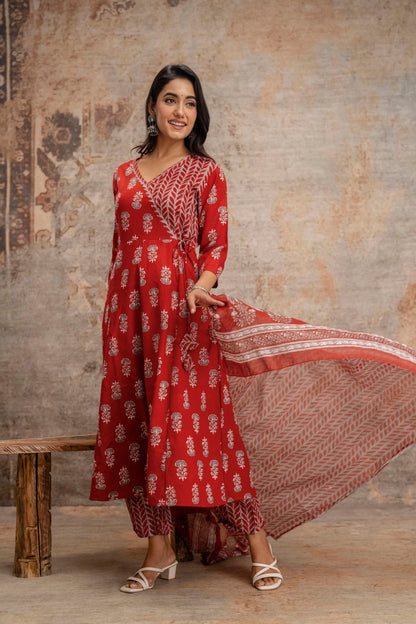 PoshArt Printed Reyon Kurta Pant Duptta Set.