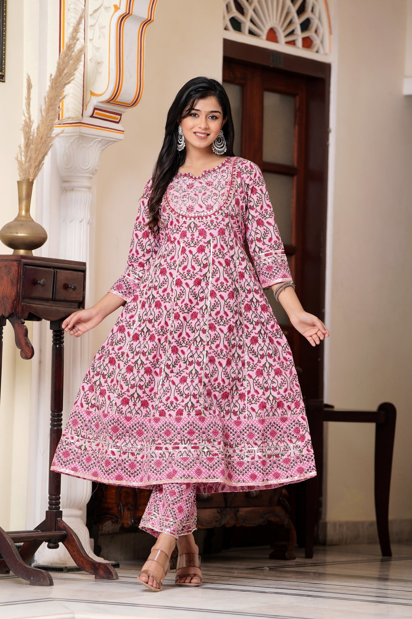 PoshArt Embroidered Printed Pink A-line Kurti Pant with Dupatta