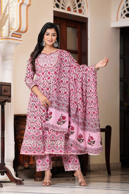 PoshArt Embroidered Printed Pink A-line Kurti Pant with Dupatta