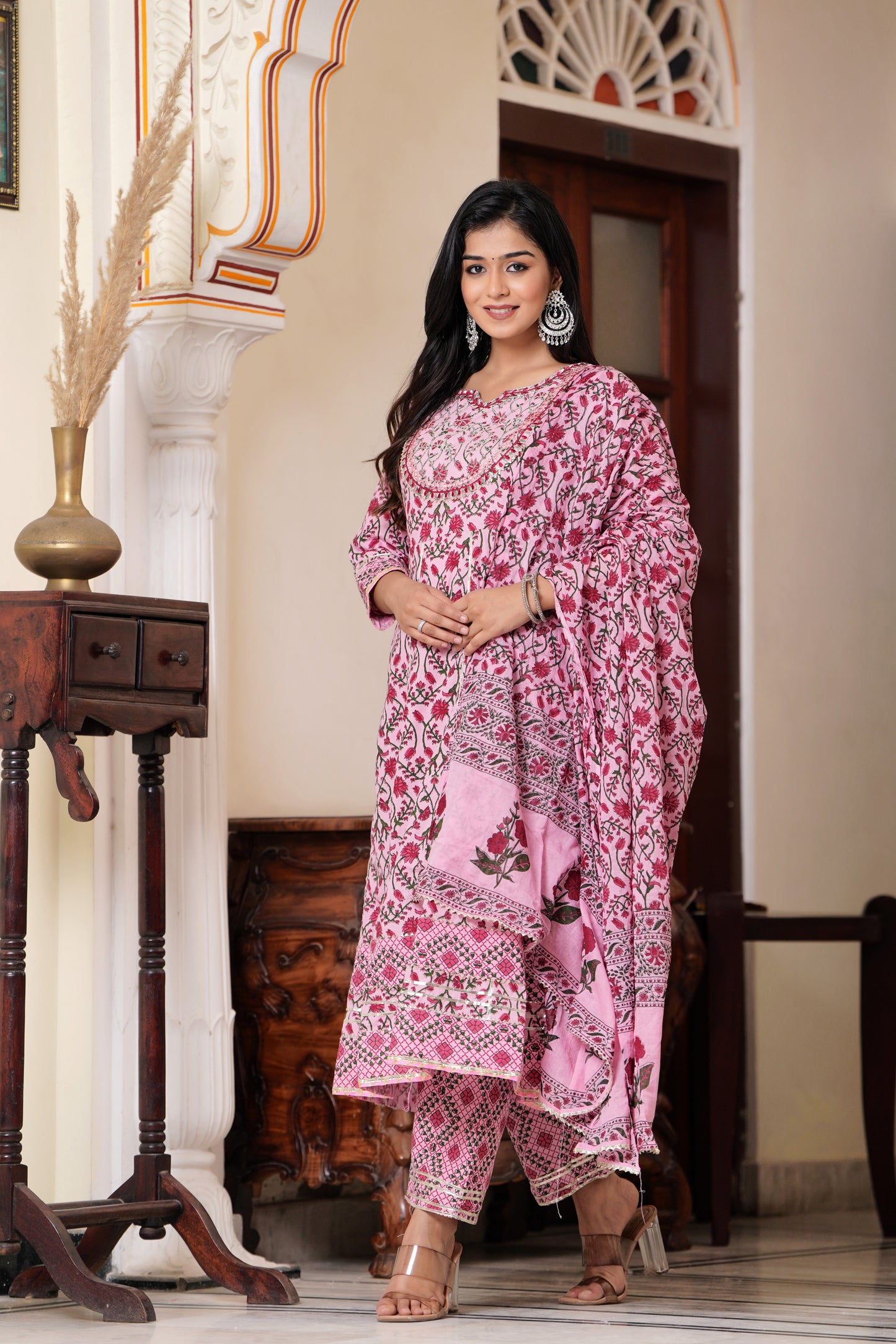 PoshArt Embroidered Printed Pink A-line Kurti Pant with Dupatta