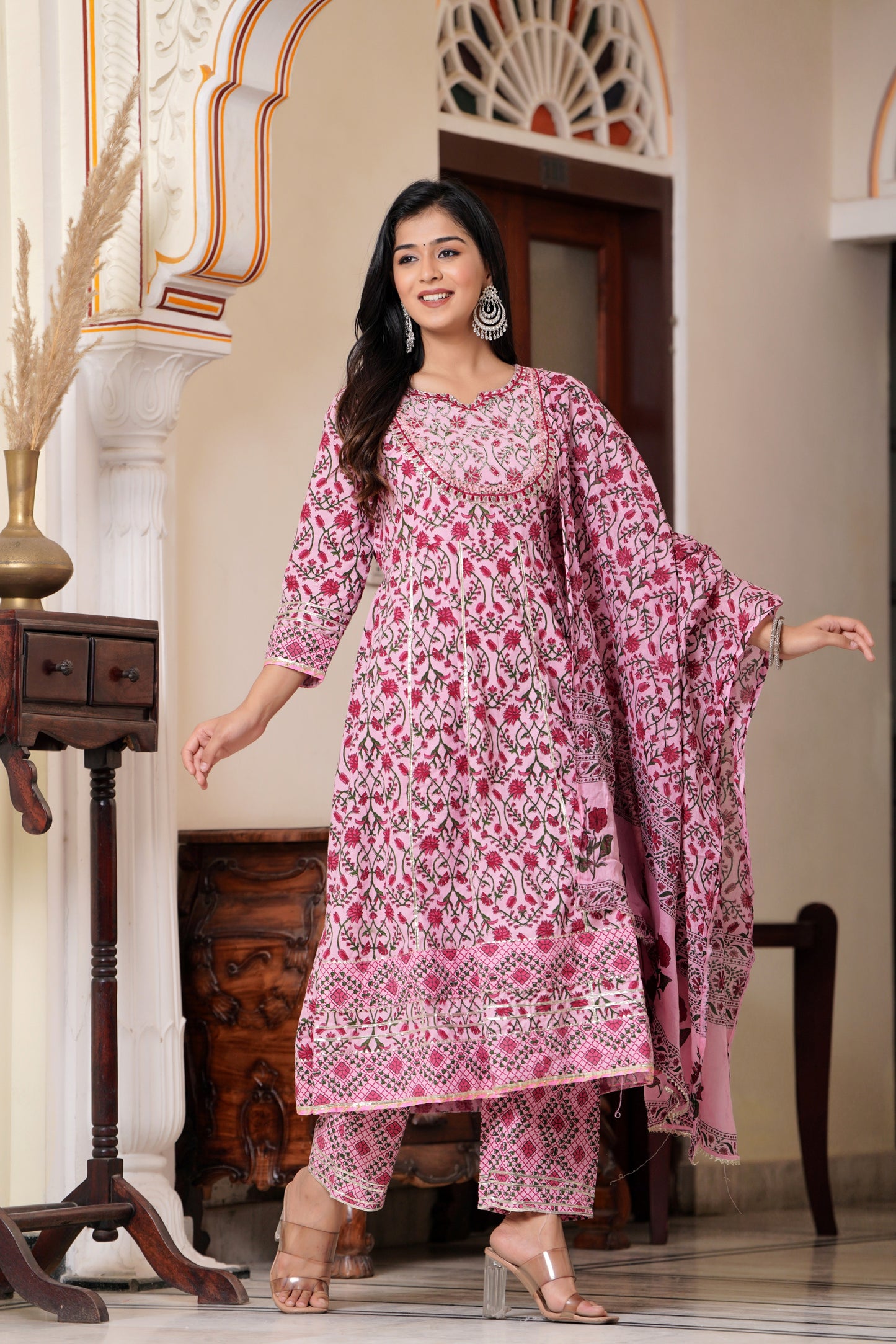 PoshArt Embroidered Printed Pink A-line Kurti Pant with Dupatta