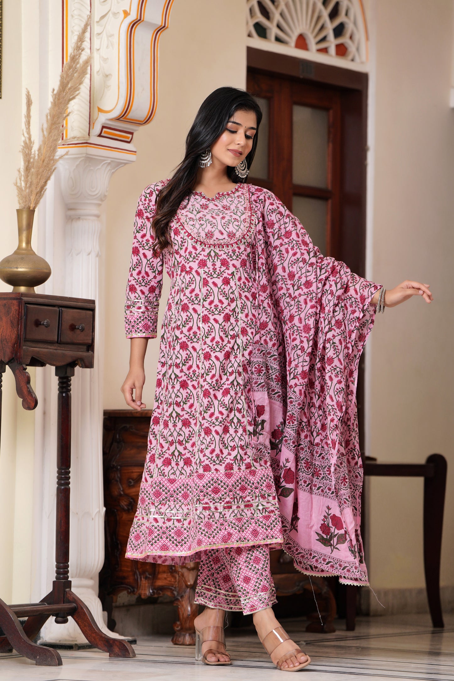 PoshArt Embroidered Printed Pink A-line Kurti Pant with Dupatta