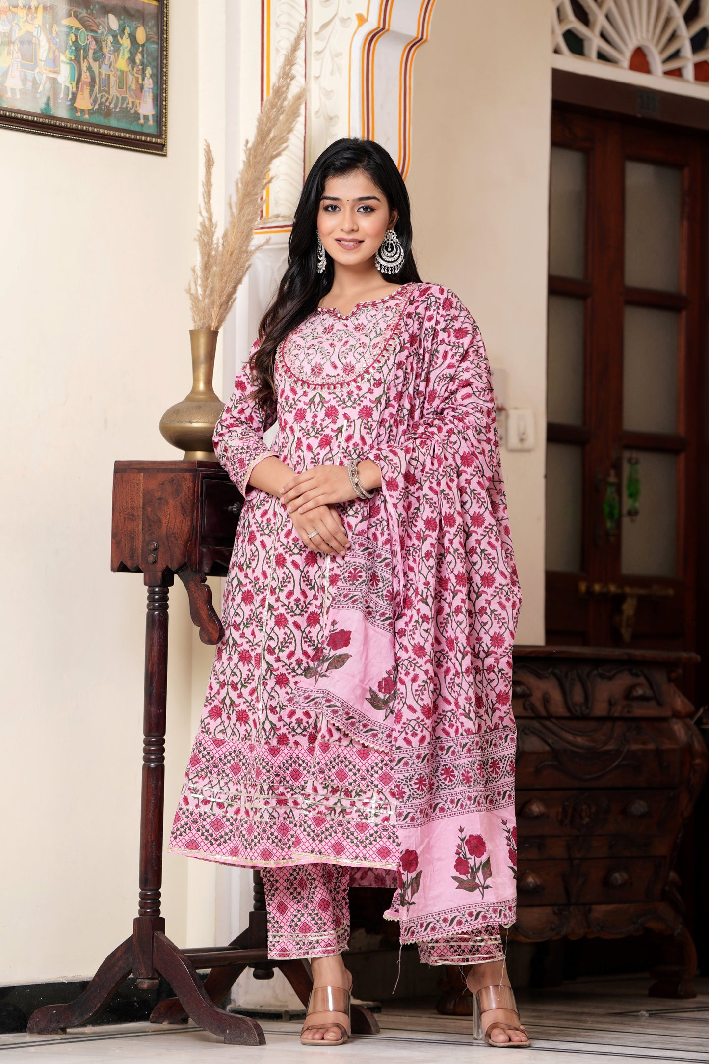 PoshArt Embroidered Printed Pink A-line Kurti Pant with Dupatta