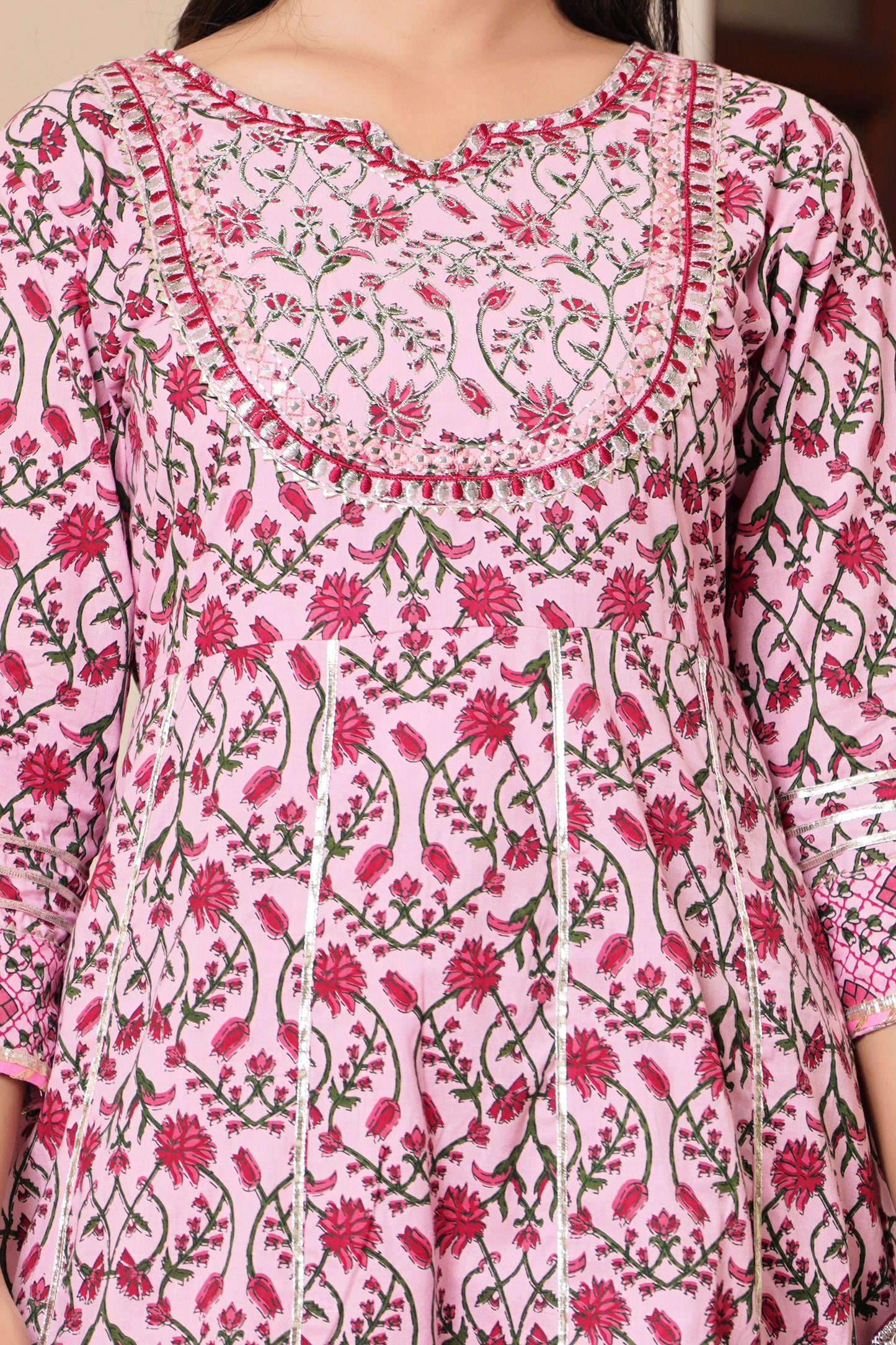 PoshArt Embroidered Printed Pink A-line Kurti Pant with Dupatta