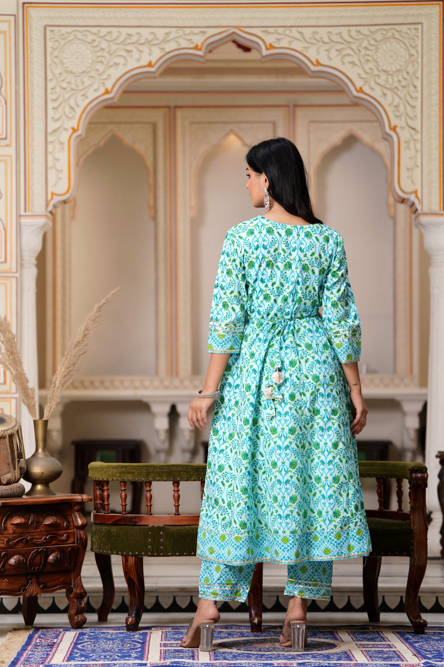 PoshArt Embroidered Printed Green A-line Kurti Pant with Dupatta