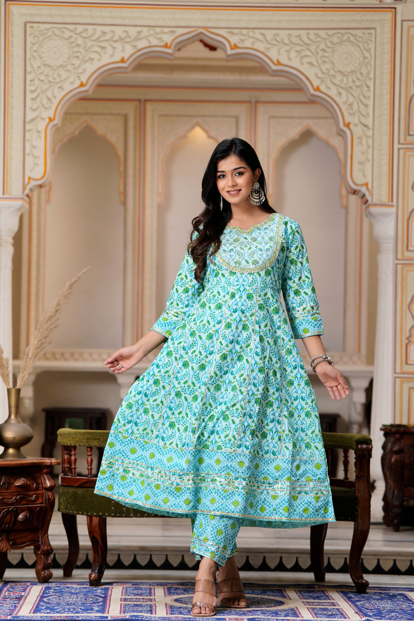 PoshArt Embroidered Printed Green A-line Kurti Pant with Dupatta