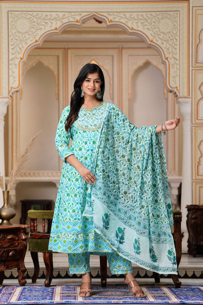 PoshArt Embroidered Printed Green A-line Kurti Pant with Dupatta