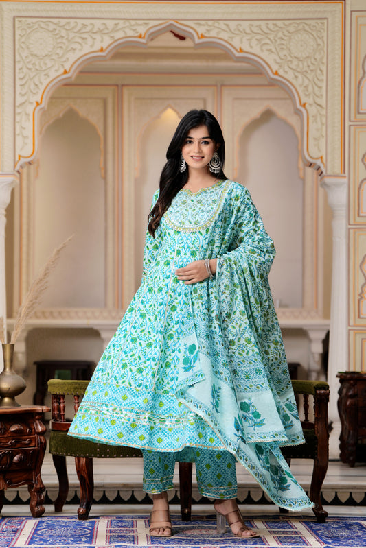 PoshArt Embroidered Printed Green A-line Kurti Pant with Dupatta