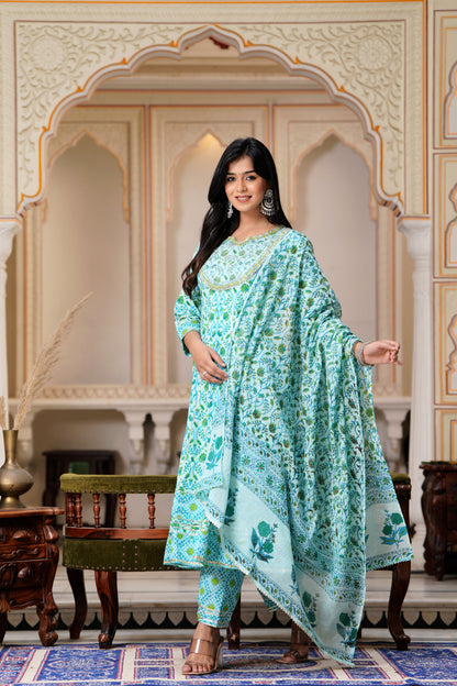 PoshArt Embroidered Printed Green A-line Kurti Pant with Dupatta