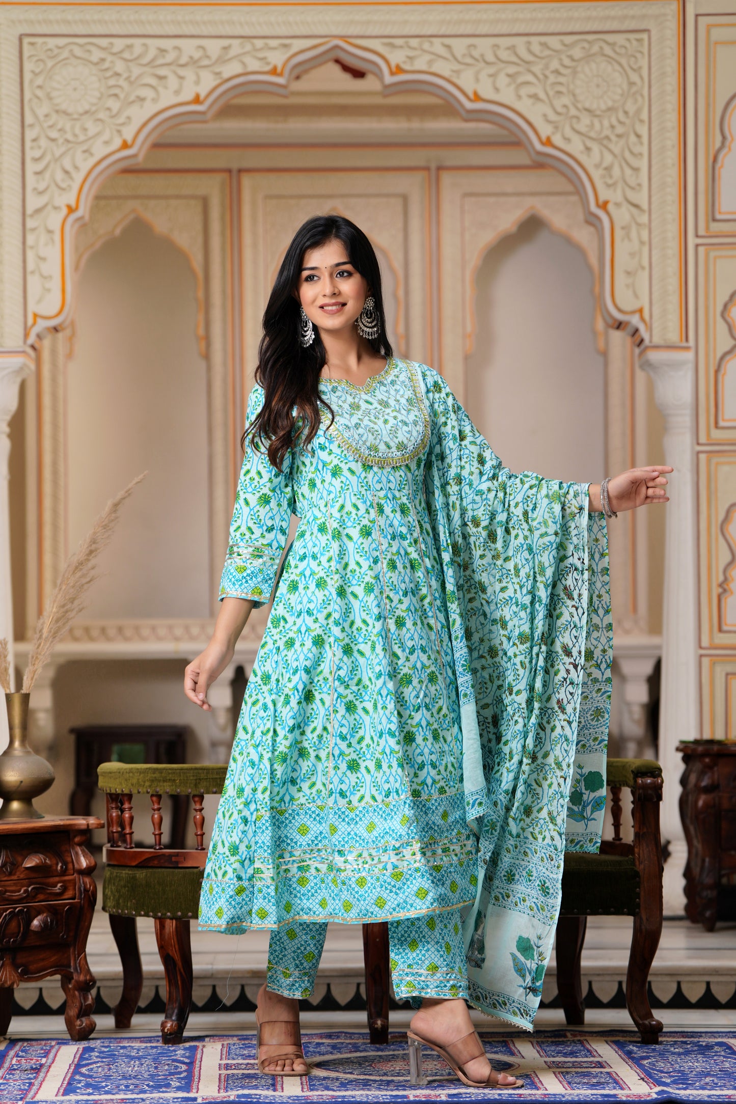 PoshArt Embroidered Printed Green A-line Kurti Pant with Dupatta