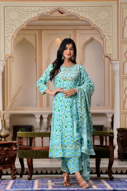 PoshArt Embroidered Printed Green A-line Kurti Pant with Dupatta