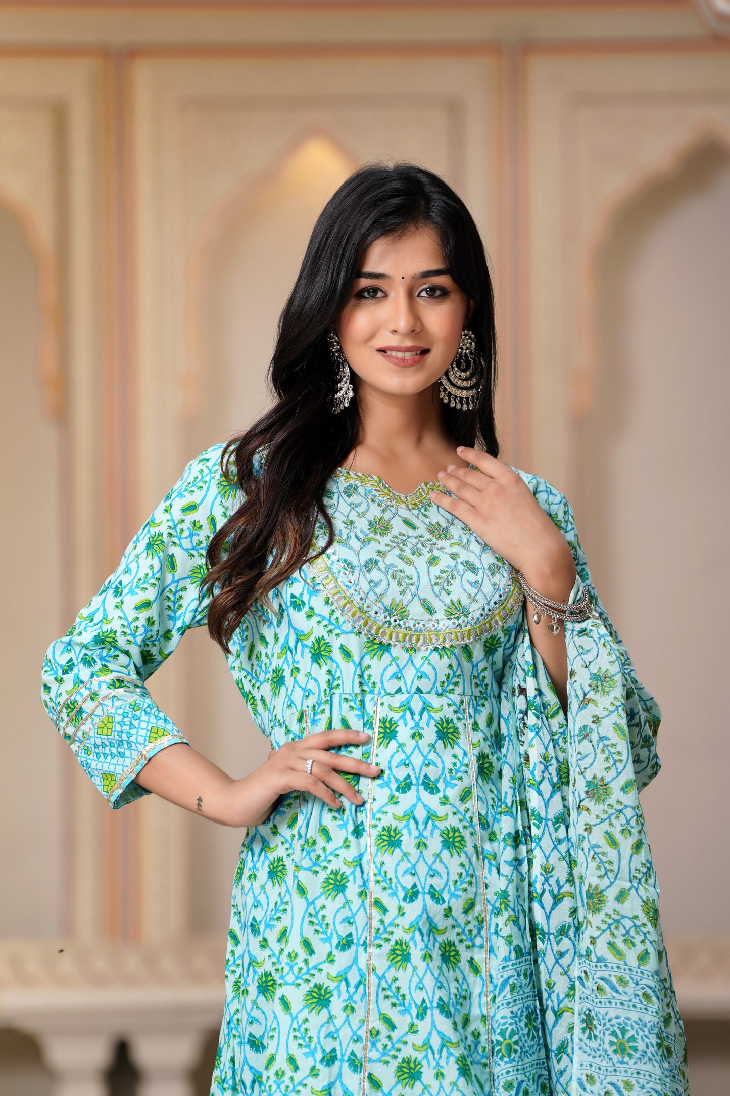 PoshArt Embroidered Printed Green A-line Kurti Pant with Dupatta