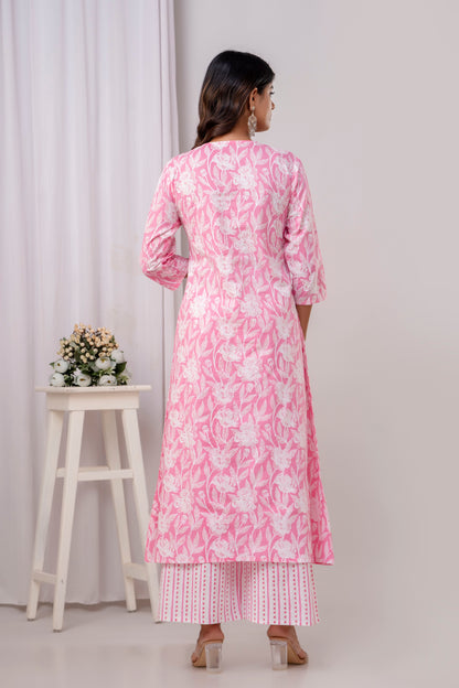 PoshArt Pink Floral A-Line Kurta Set With Dupatta