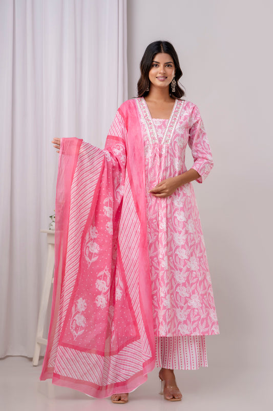 PoshArt Pink Floral A-Line Kurta Set With Dupatta