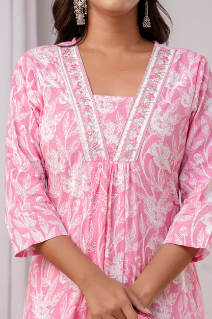 PoshArt Pink Floral A-Line Kurta Set With Dupatta