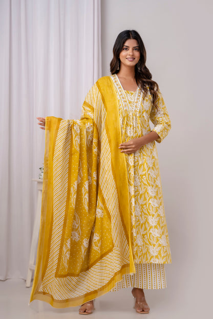 PoshArt Yellow Floral A-Line Kurta Set With Dupatta