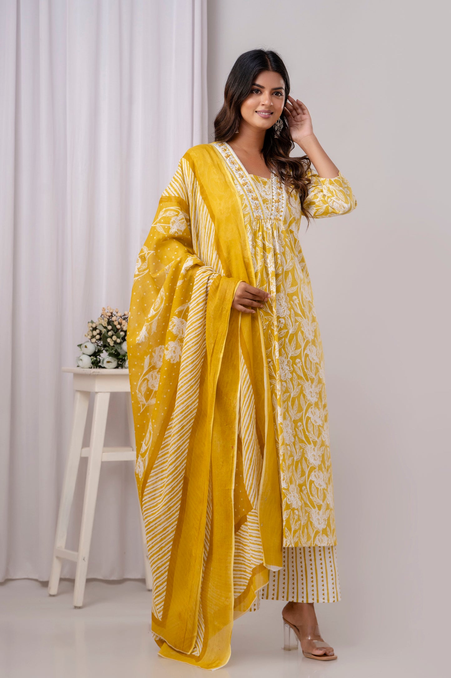 PoshArt Yellow Floral A-Line Kurta Set With Dupatta