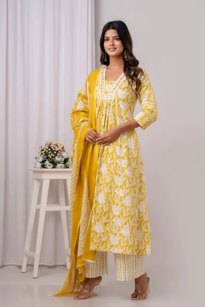 PoshArt Yellow Floral A-Line Kurta Set With Dupatta