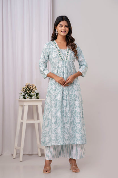 PoshArt Green Floral A-Line Kurta Set With Dupatta