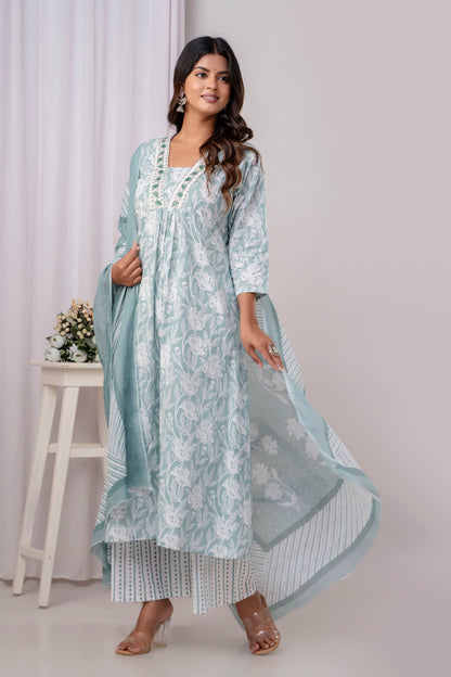 PoshArt Green Floral A-Line Kurta Set With Dupatta