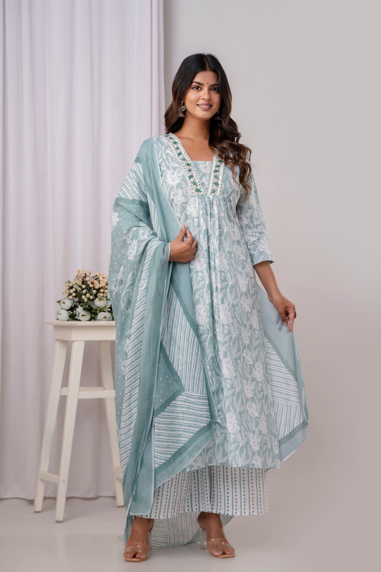 PoshArt Green Floral A-Line Kurta Set With Dupatta