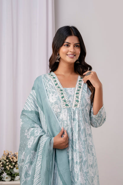 PoshArt Green Floral A-Line Kurta Set With Dupatta