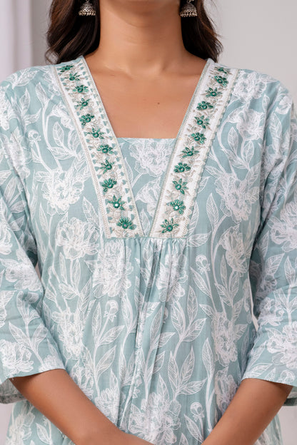 PoshArt Green Floral A-Line Kurta Set With Dupatta