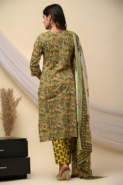 PoshArt Green Floral Straight Kurti Pant Set With Duptta