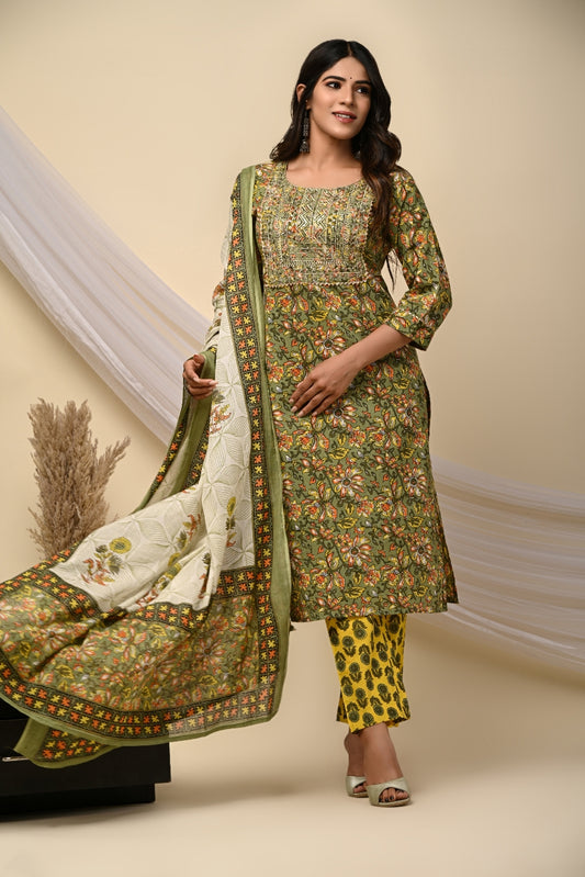 PoshArt Green Floral Straight Kurti Pant Set With Duptta