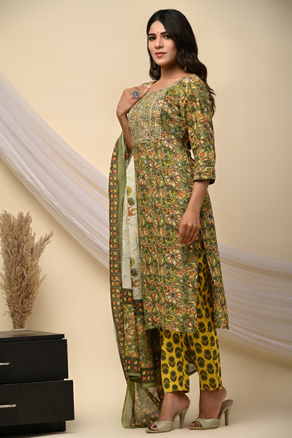 PoshArt Green Floral Straight Kurti Pant Set With Duptta