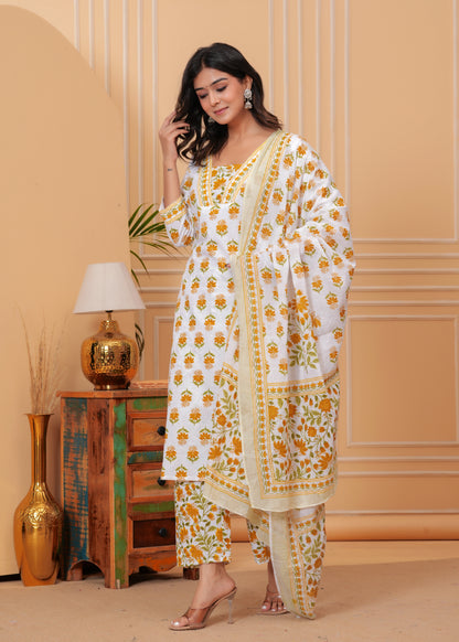 PoshArt White Printed Kurta Set