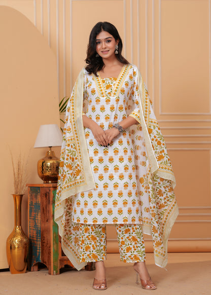 PoshArt White Printed Kurta Set