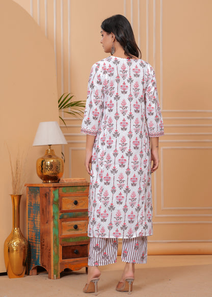 Poshart White Printed Kurta Pant Duptta Set