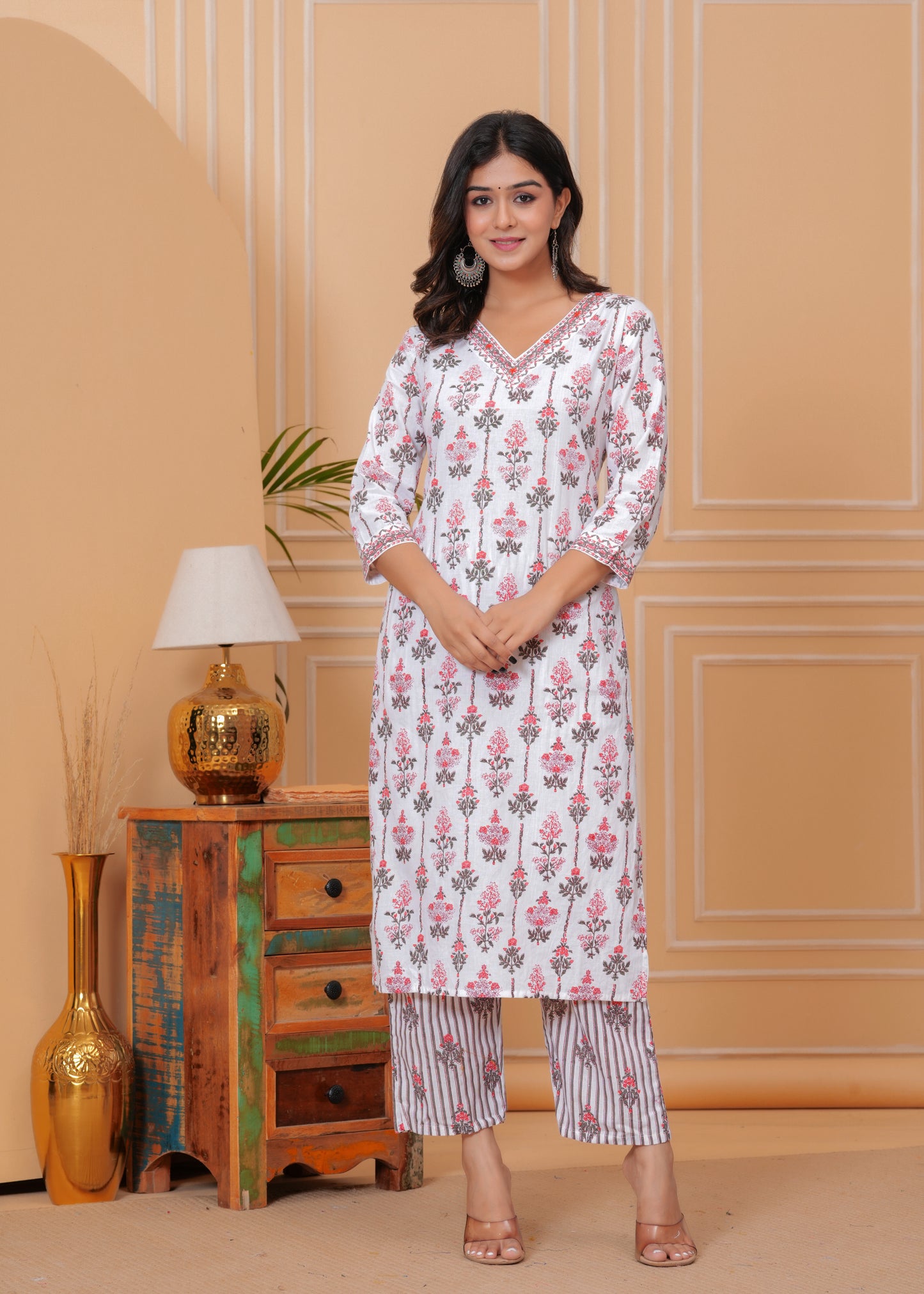 Poshart White Printed Kurta Pant Duptta Set