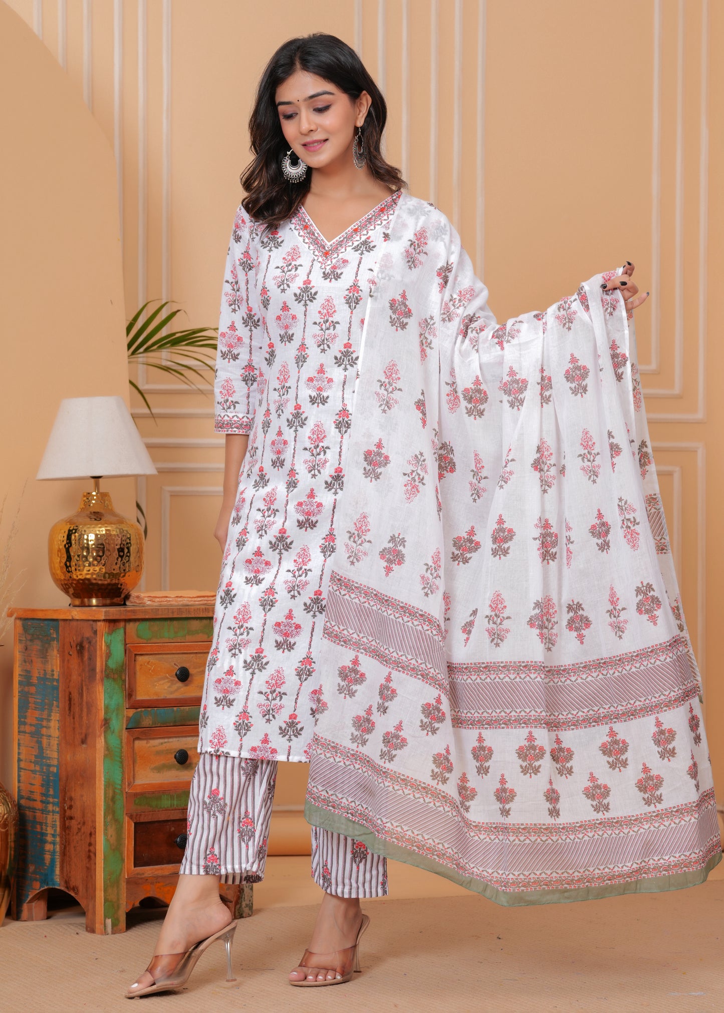 Poshart White Printed Kurta Pant Duptta Set