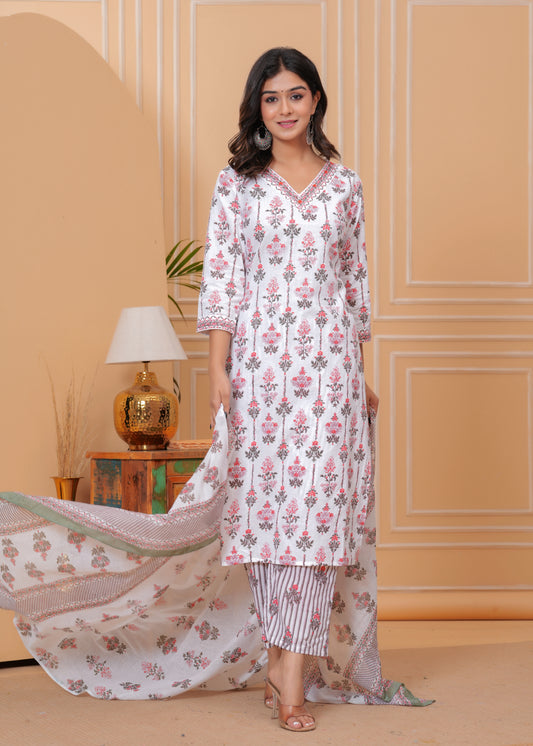 Poshart White Printed Kurta Pant Duptta Set