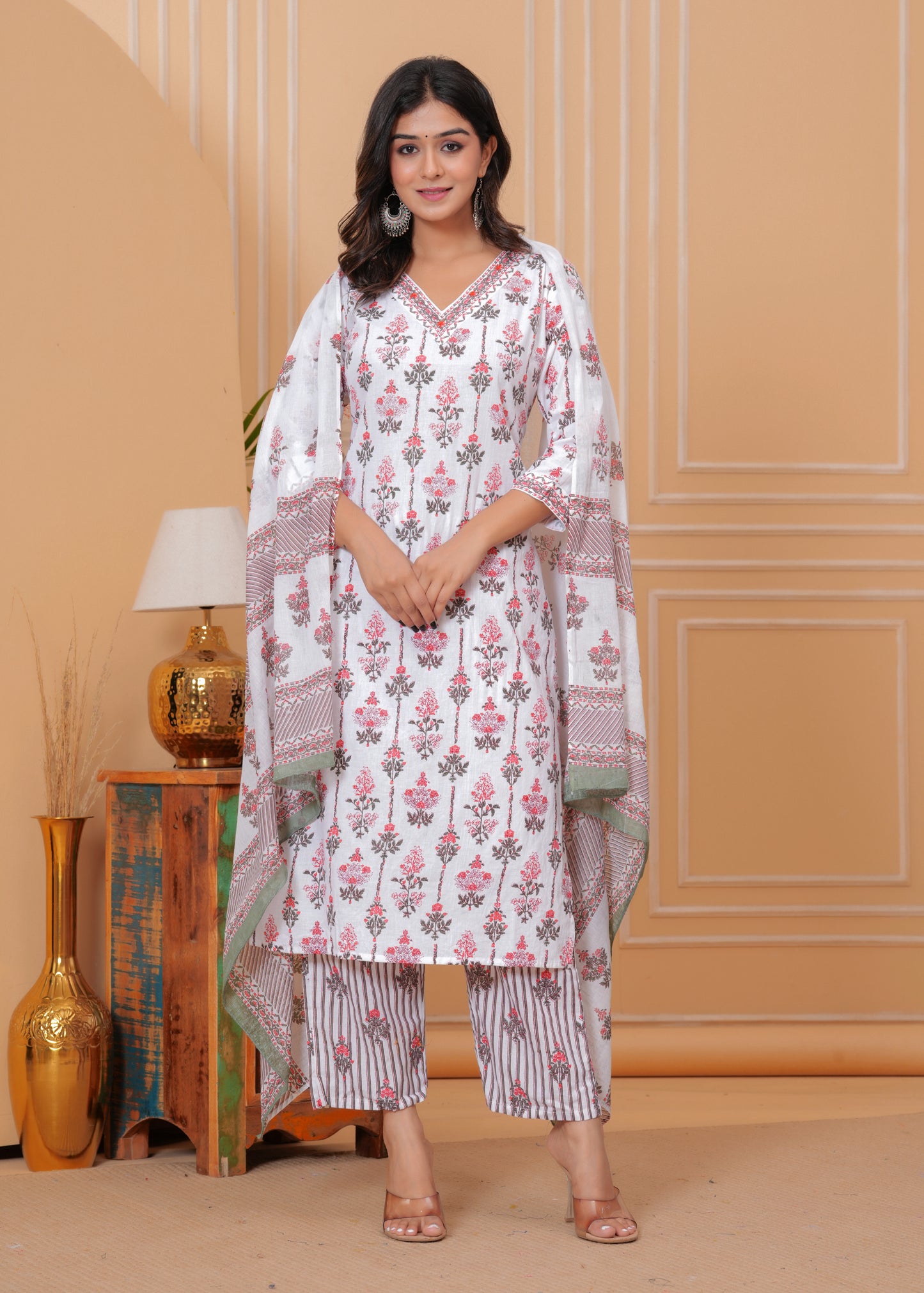 Poshart White Printed Kurta Pant Duptta Set