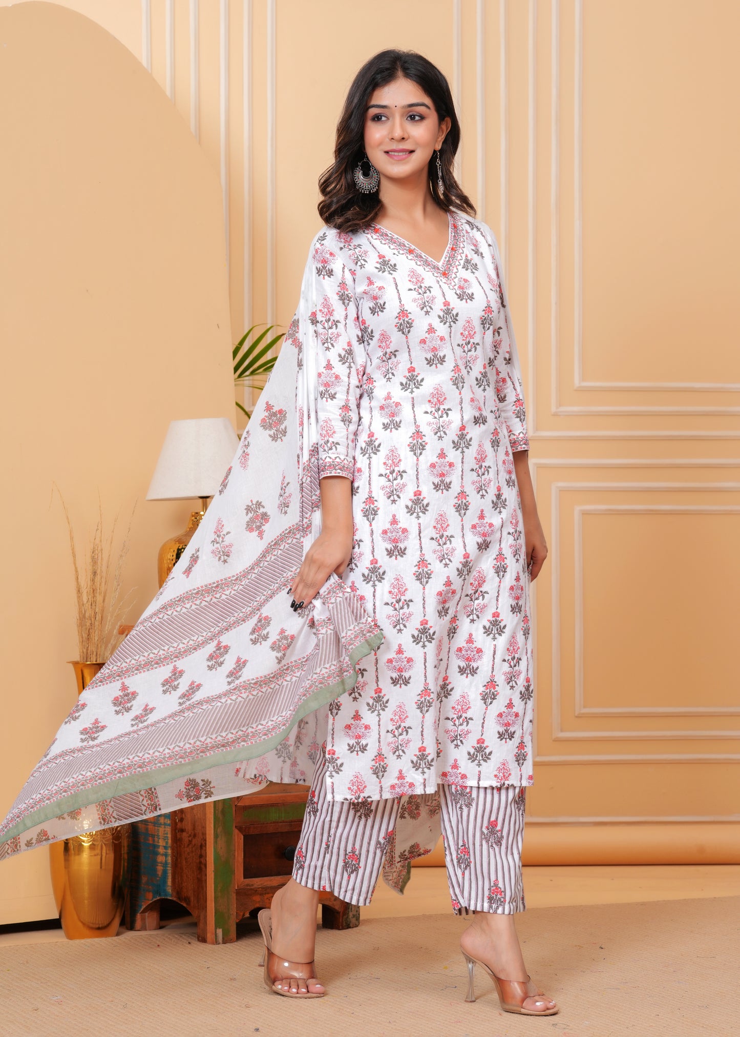 Poshart White Printed Kurta Pant Duptta Set