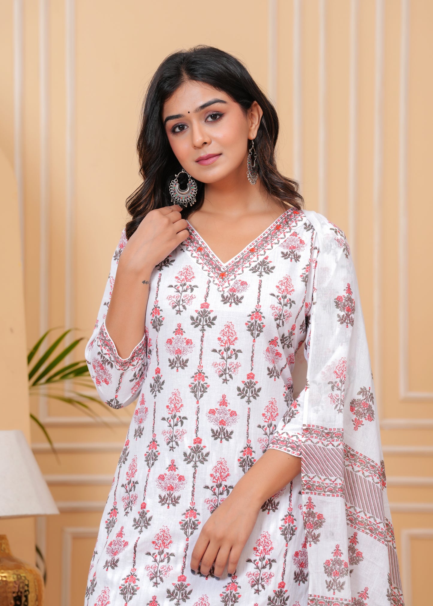 Poshart White Printed Kurta Pant Duptta Set