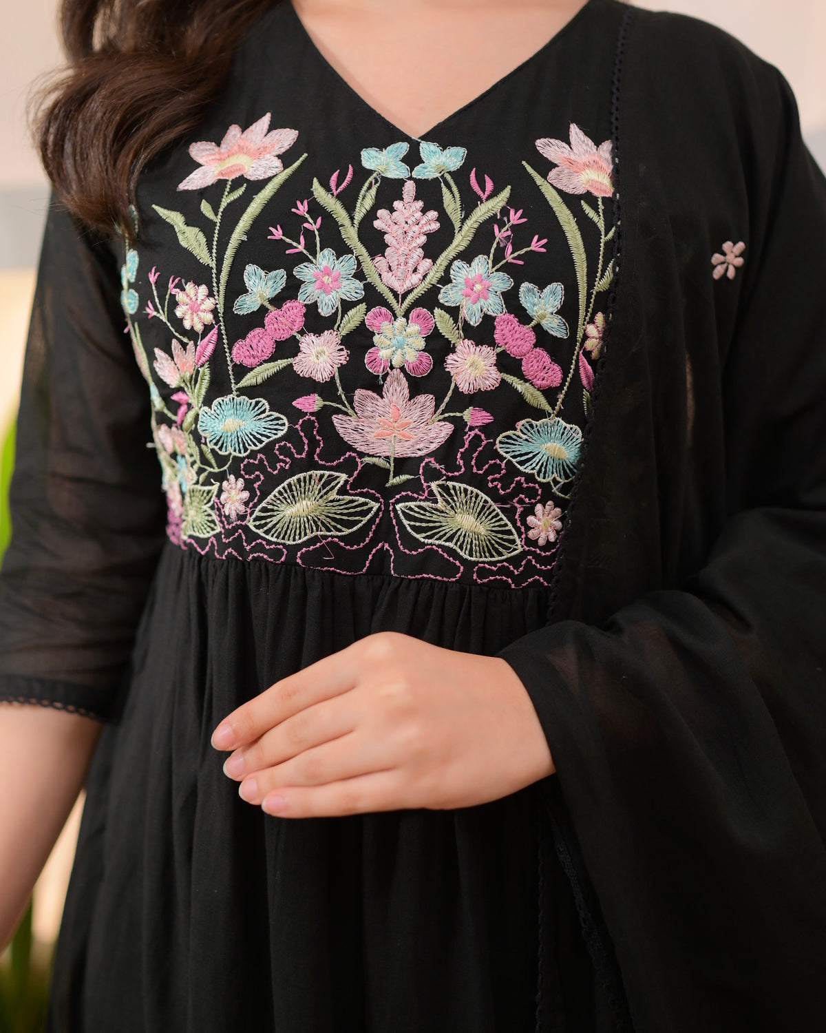 Poshart Black Embrodiary Kurta Pant Duptta Set