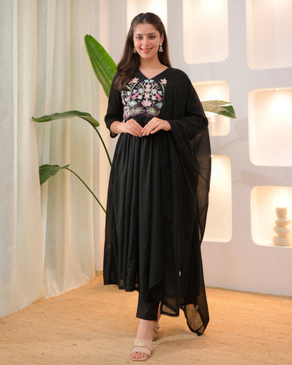 Poshart Black Embrodiary Kurta Pant Duptta Set