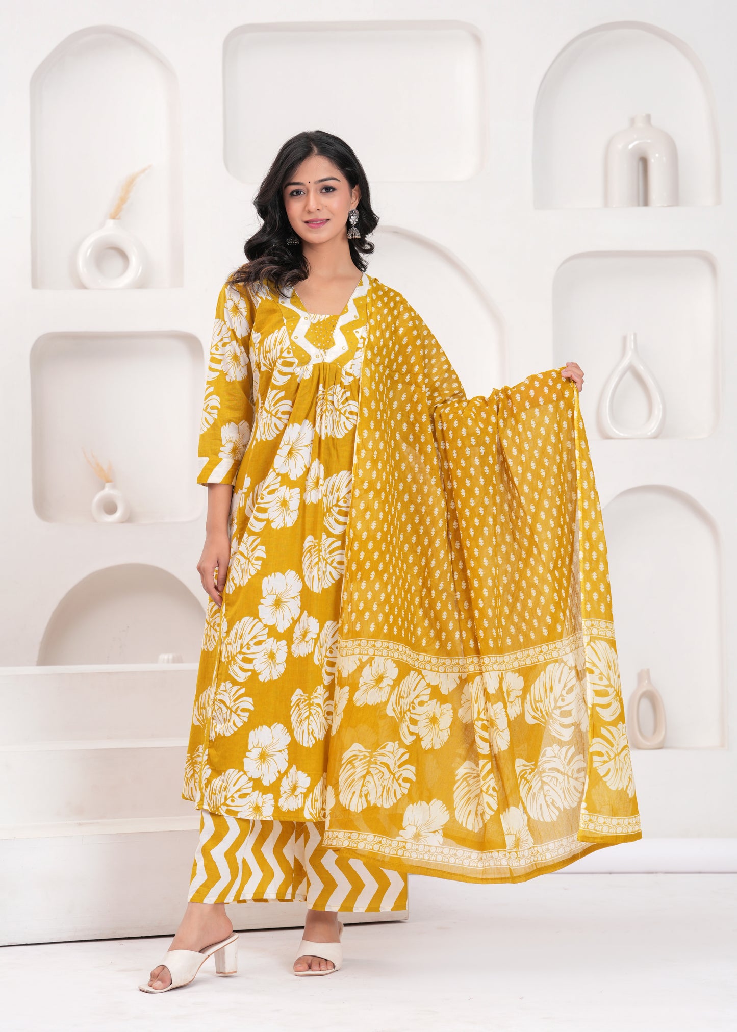 PoshArt Printed Cotton Kurta Pant Duptta Set.